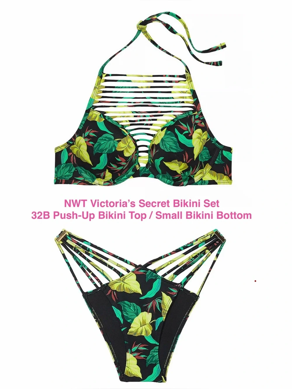 Victoria's Secret Tropical Strappy Bikini Set 32B Push-Up bikini top & small